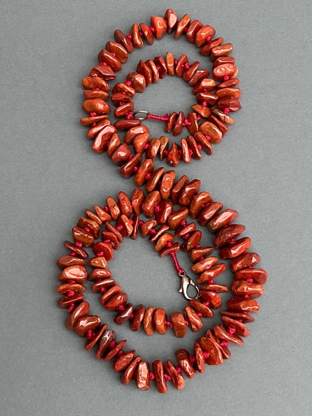Vintage Genuine Red Jasper Hand-Knotted Necklace Matinee Opera Length 27” Boho